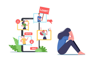Cyber Bullying, Social Attack, Bully Hate. Teen Crying front of Smartphone Screen after Being Bullied over Internet