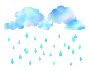 手描き水彩　雨雲と雨のしずくのイラスト