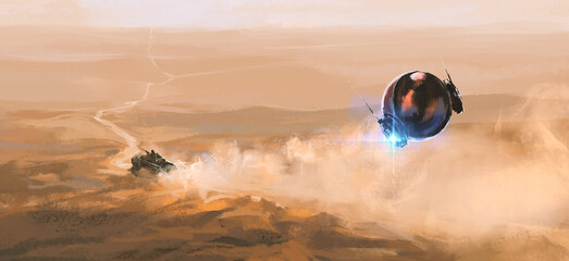 Alien tracker chases humans in the desert, digital painting, 3D illustration.