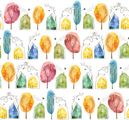 Seamless pattern with hand painted watercolor houses and trees. Isolated on white background.