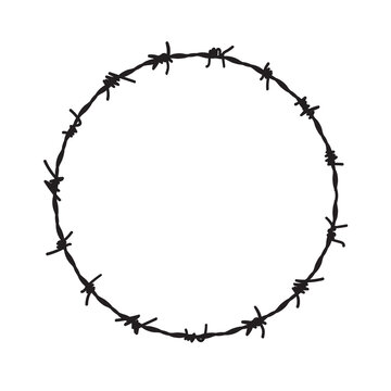 Barb wire circle vector fence frame. Barbed round wire ring prison logo