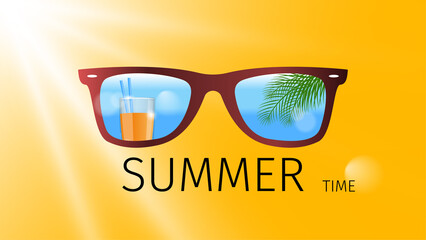 Sunglasses on an orange background. Glass of juice, palm branches against the background of the blue sea. Glasses. Inscription summer time. Realistic objects 3d. Vector