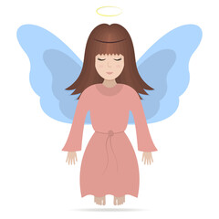 Angel with wings. Colored vector illustration. A girl with a halo over her head. The fairy lady closed her eyes. The little sorceress is flying. Isolated white background. Flat style. Brunette girl. 
