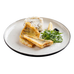 Isolated plate of fried fish fillet with rice on white background