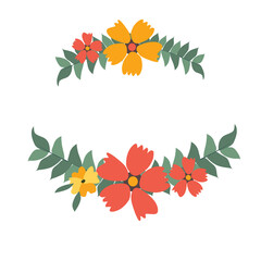 Vector floral decorative element or composition with red, orange and yellow flowers for border, template, frame, label, postcard, print. Clip art.