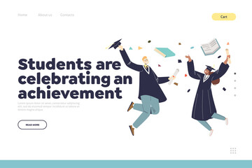 Students celebrating achievement concept of landing page with grads jump cheerful in graduation gown