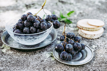 Grappe de raisin noir fraichement cueillis dans la vigne posé sur une table texturé