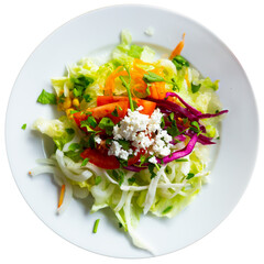 Delicious salad of fresh lettuce leaves, tomato, corn, onion, grated carrots and parsley with cottage cheese. Isolated over white background