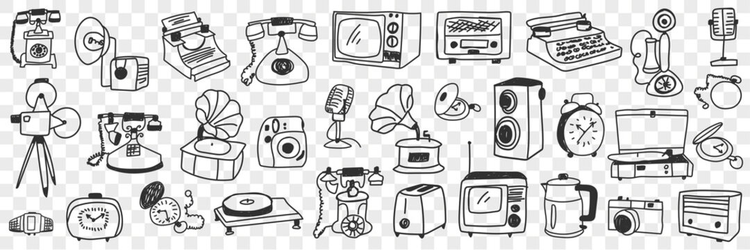 Retro and modern technical appliances doodle set. Collection of hand drawn various telephone teapot kettle television toaster electronic devices in rows isolated on transparent background 