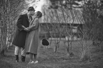 vintage couple in love village black and white french retro style man and woman