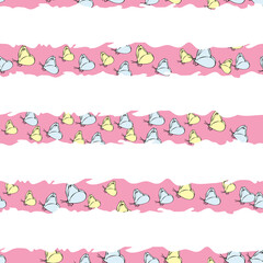 Vector pastel pink background daisy flowers, wild flowers and butterflies, insects. Seamless pattern background
