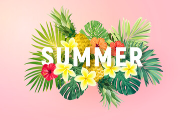 Summer tropical vector design for banner or flyer with exotic palm leaves, hibiscus flowers and typography. © Ms.Moloko