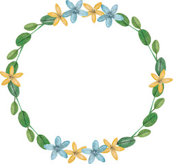 watercolor wreath of leaves and flowers
Realistic drawing. Round floral frame in a rustic style.