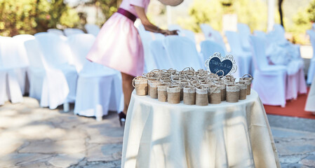 Last details of the wedding preparations The elegant on the beach, decoration of the details of the bond of lovers