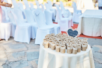 Last details of the wedding preparations The elegant on the beach, decoration of the details of the bond of lovers