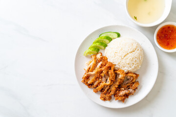 Hainanese chicken rice with fried chicken