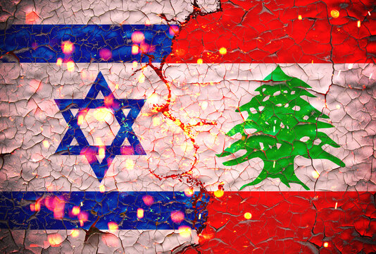 Grunge israel vs lebanon national flags icon pattern isolated on broken cracked wall background, abstract international political relationship friendship divided conflicts concept wallpaper.