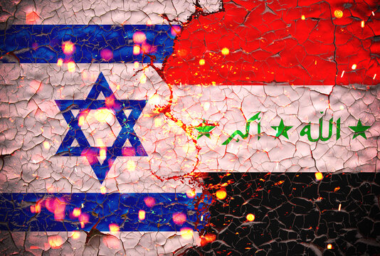 Grunge israel vs iraq national flags icon pattern isolated on broken cracked wall background, abstract international political relationship friendship divided conflicts concept wallpaper.