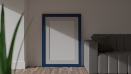 Poster mockup, blue wooden frame. 3D rendering