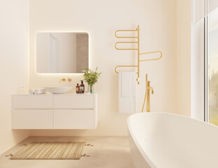 Modern bright bathroom with gold heated towel rail, render