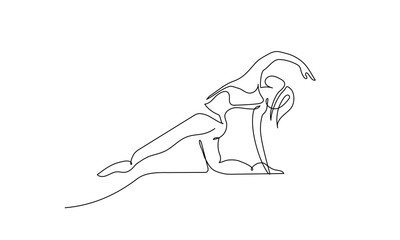 One line simple art. woman doing exercise (yoga or dance). Silhouette pose of stretching