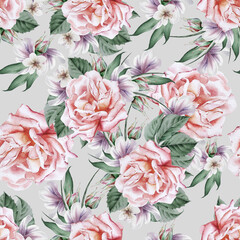 Bright seamless pattern with flowers. Rose. Watercolor illustration. Hand drawn. - 434522386