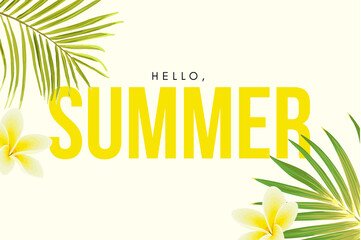 Fototapeta na wymiar Summer tropical vector design for banner or flyer with exotic palm leaves, flowers and typography.