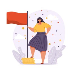 A woman in business attire stands in a confident pose and holds the winners flag. Goal achievement concept. Flat vector illustration.