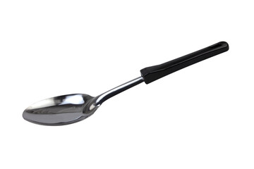 A ladle with a black plastic handle on a white background