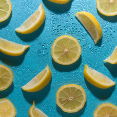 Lemon slice on a pastel blue background with water drops pattern. Summer fresh fruit citrus concept.