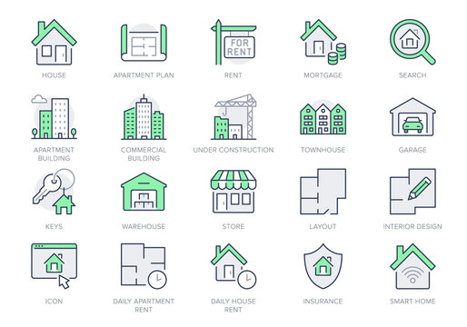 Real estate line icons. Vector illustration include icon - house, insurance, commercial, blueprint, townhouse, keys, shop, store outline pictogram for property agency Green Color, Editable Stroke