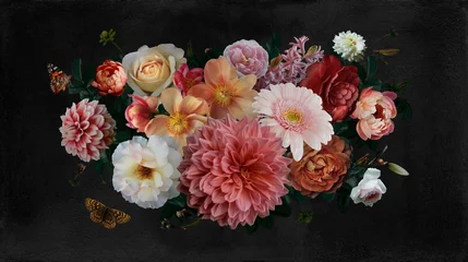 Foto auf Acrylglas Luxurious baroque and victorian bouquet. Beautiful garden flowers, leaves and butterfly on black background. Pink and white peonies, roses. Vintage illustration. Floral decoration advertising material © Artem