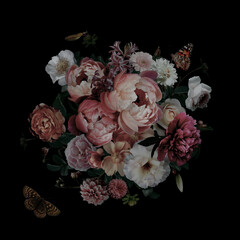 Luxurious baroque and victorian bouquet. Beautiful garden flowers, leaves and butterfly on black...
