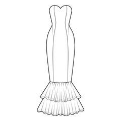 Dress mermaid technical fashion illustration with strapless sweetheart neckline, fitted body, floor maxi length circular skirt. Flat evening apparel front, white color style. Women, unisex CAD mockup