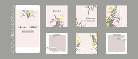 abstract Instagram story post feed background, web banner template with copy space. green floral plant spring herb layout mock up. for beauty, jewelry, skin care, wedding, make up, food, restaurant