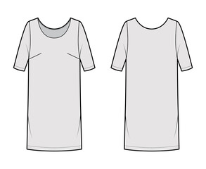 Dress shift chemise technical fashion illustration with medium sleeves, oversized body, knee length pencil skirt. Flat apparel front, back, grey color style. Women, men unisex CAD mockup