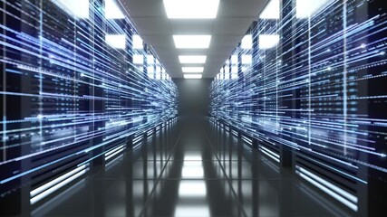 Digital blue line information flying in data centers with ig server room. 4K footage dolly moving camera throw data server computers. Network and information servers behind glass panels. - Powered by Adobe