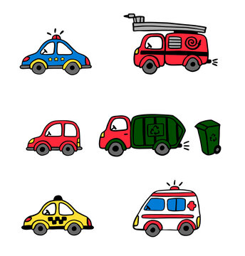 Vector set of city cars. Doodle style. Ambulance, garbage truck, fire truck, taxi, police car. Hand drawing. For boys, children