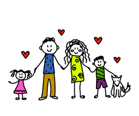 Happy family on a white background. Children's drawing. Vector illustration.