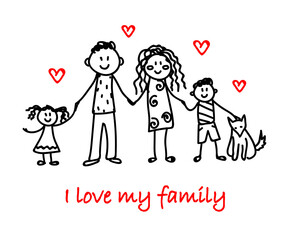 Happy family on a white background. Children's drawing. Vector illustration.