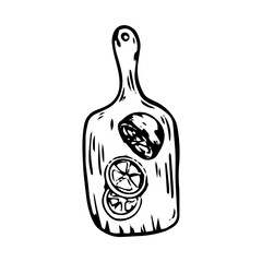 A hand-drawn cutting board in the sketch style. Sliced lemon on a cutting board