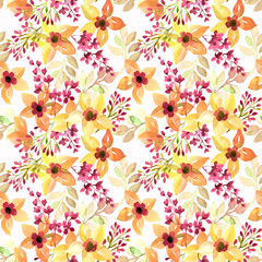 Abstract watercolor background of yellow flowers and twigs isolated on a white background