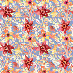 Abstract hand painted pattern of dark red flowers and light twigs isolated on a lilac background