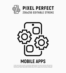 Web development thin line icon. Mobile app. Cogwheels on smartphone screen. Pixel perfect, editable stroke. Vector illustration.