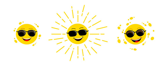 Funny sun. Yellow Cute sunshine. Childish sun joy. Smiling sun with sunbeams cartoon character.