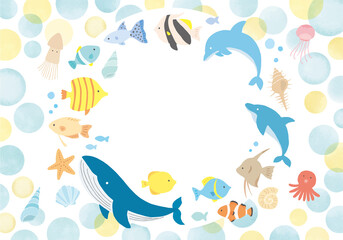 Illustrationsrahmen-Hintergrundmaterial von Meerestieren und Muscheln