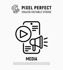 SMM management thin line icon: smartphone with megaphone and play button. Digital strategy. Pixel perfect, ediatble stroke. Vector illustration.