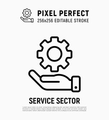 Service sector thin line icon. Human hand with cogwheel. Technical support, improvement, settings, engineering. Pixel perfect, editable stroke. Vector illustration.