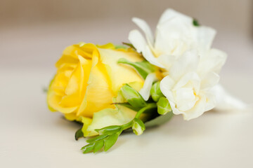 Yellow wedding boutonniere. Yellow rose flower