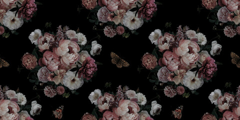 Luxuriöses nahtloses Muster des barocken und viktorianischen Blumenstraußes. Schöne Gartenblumen und -schmetterling auf schwarzem Hintergrund. Rosa und weiße Pfingstrosen, Rosen. Werbemittel für Blumenschmuck